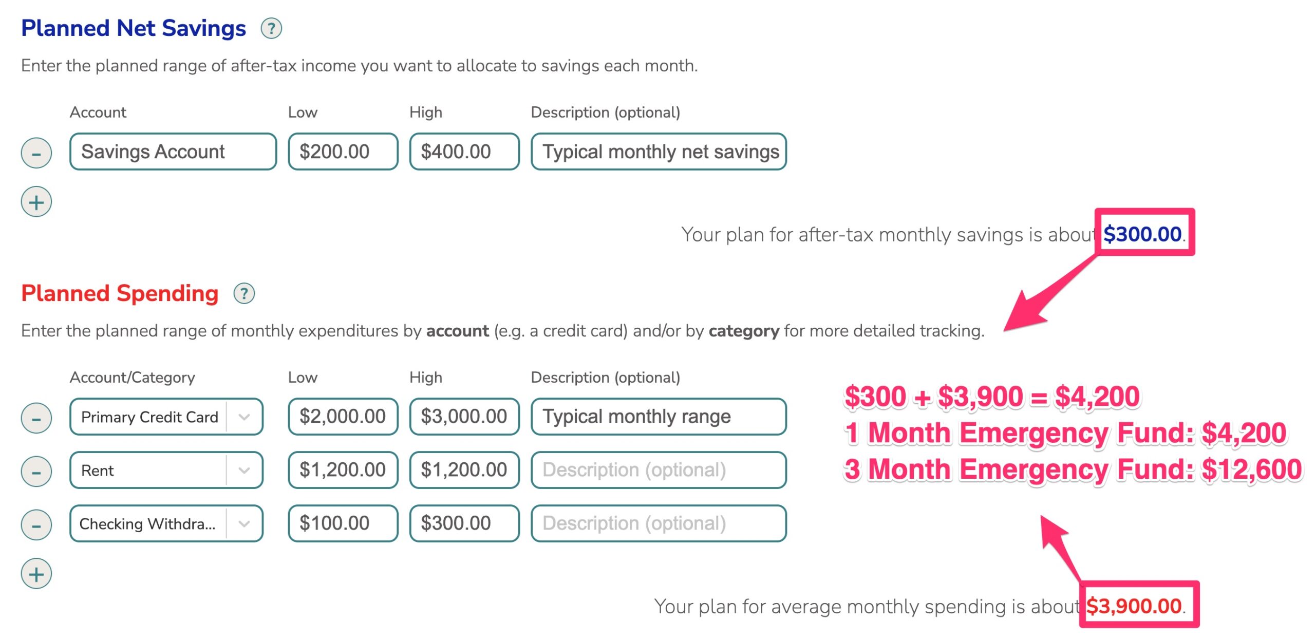 Using the Plan tab to calculate an emergency fund