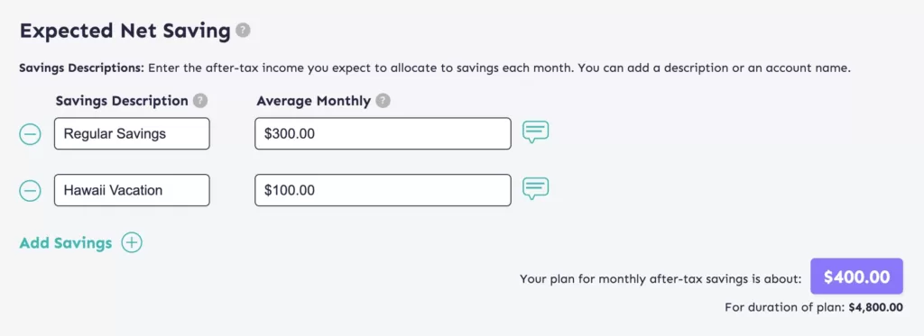 Example of entering Planned Net Savings