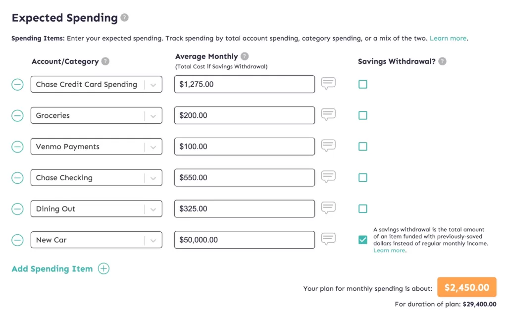 Example of how to enter Planned Spending